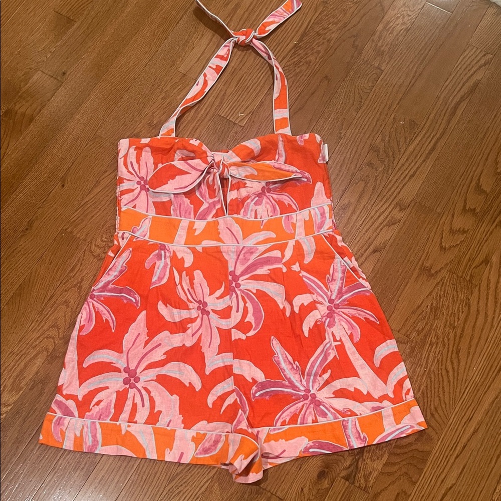 House of HarlowTropical Orange and Pink Halter Romper